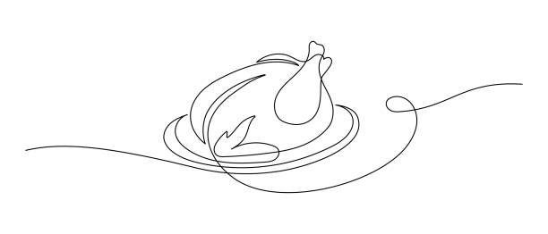 Roasted chicken or turkey in one continuous line drawing. Thanksgiving greeting card in simple linear style. Fall harvest in editable stroke. Doodle vector illustration Roasted chicken or turkey in one continuous line drawing. Thanksgiving greeting card in simple linear style. Fall harvest in editable stroke. Doodle vector illustration. roast chicken meal stock illustrations