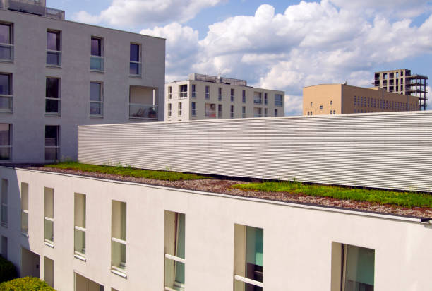 istock White building architectural with grass on the roof. 2169933108