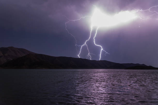 Beautiful Time lapse lightning over the lake and mountains .