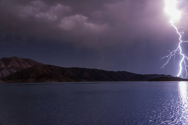 Beautiful Time lapse lightning over the lake and mountains .