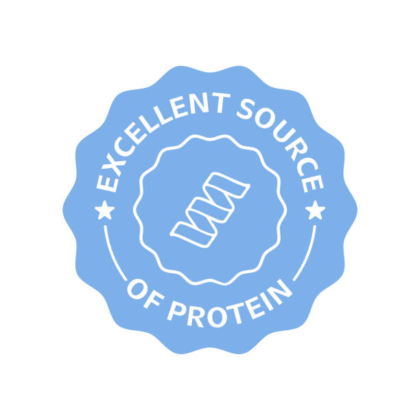 Blue badge with excellent source of protein text, healthy nutrition concept Blue badge with excellent source of protein text, healthy nutrition concept. protein food background stock illustrations