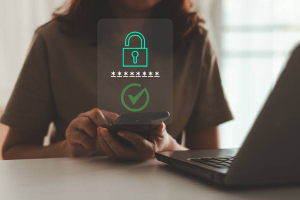 istock Person using smartphone with secure login, data protection concept. Personal online cyberspace security privacy protection data with 2Fa, Two-Factor, Internet network security, Encrypted data privacy. 2169943351