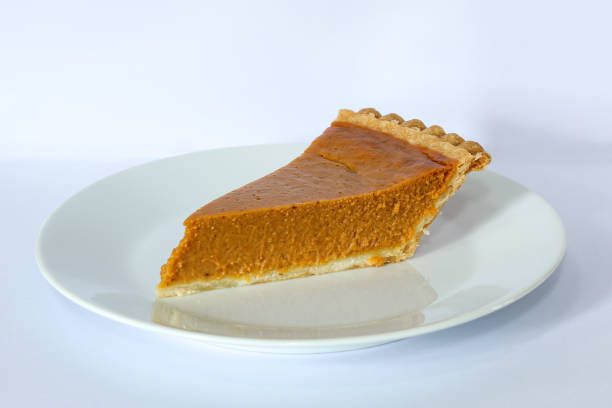 Pumpkin pie slice on white plate