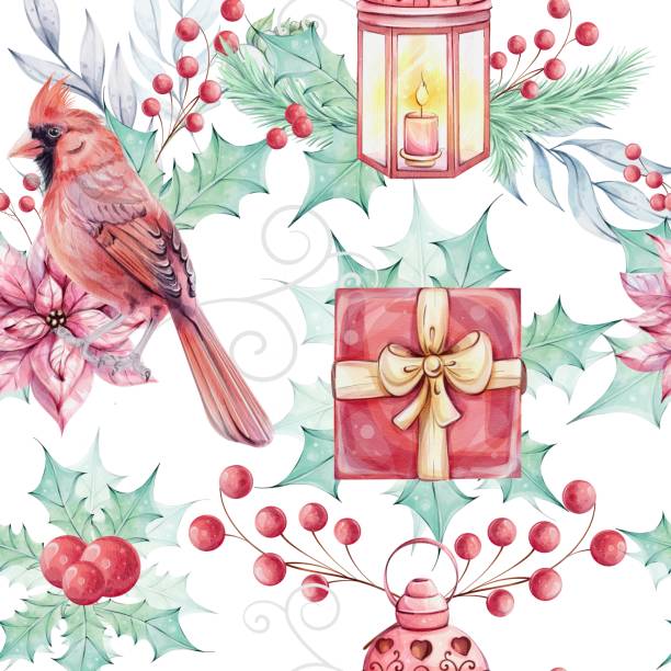 Watercolor seamless pattern - Christmas bird red cardinal, berries, red gift box, poinsettia flowers bouquet with holly green leaves. Arrangement with brunch. Symbol of Christmas. Winter holiday decoration in retro, vintage style. For wallpaper Watercolor seamless pattern - Christmas bird red cardinal, berries, red gift box, poinsettia flowers bouquet with holly green leaves. Arrangement with brunch. Symbol of Christmas. Winter holiday decoration in retro, vintage style. For wallpaper, background, fabric, printing three red cardinals stock illustrations