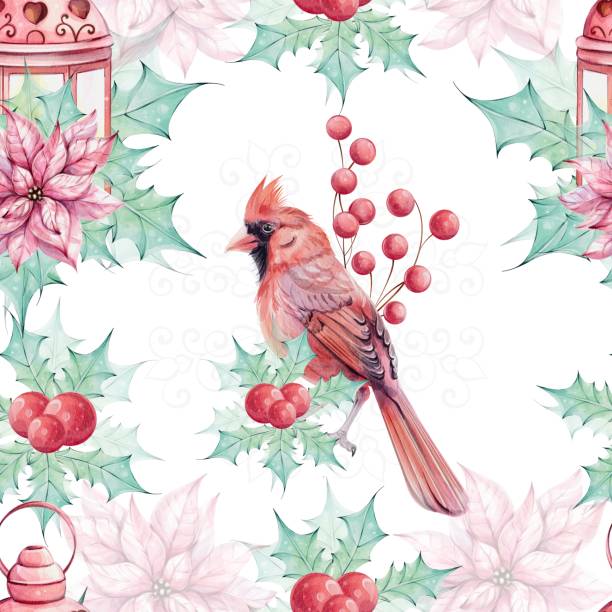 Watercolor seamless pattern - Christmas bird red cardinal, berries, red lantern, poinsettia flowers bouquet with holly green leaves. Arrangement with brunch. Symbol Christmas. Winter holiday decoration in retro, vintage style. For wallpaper, background Watercolor seamless pattern - Christmas bird red cardinal, berries, red lantern, poinsettia flowers bouquet with holly green leaves. Arrangement with brunch. Symbol of Christmas. Winter holiday decoration in retro, vintage style. For wallpaper, background, fabric, printing three red cardinals stock illustrations