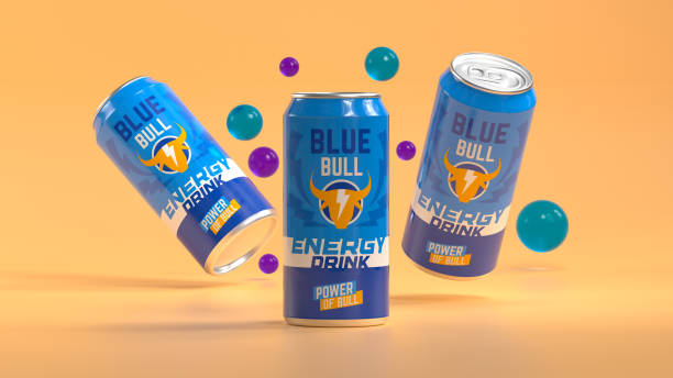 This 3D rendering presents three unbranded energy drink cans designed with a bold blue color scheme. The front of each can features a powerful bull symbol surrounded by lightning effects, emphasizing energy and strength. The vibrant design captures the dynamic essence of the drink, making it ideal for e-commerce presentations where branding is not required. The cans are displayed on an infinite background, allowing the design to take center stage in a visually striking manner.