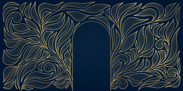 Vector arch and leaves art deco texture, line nouveau luxury illustration, nature ornament, gold on black elegant motif.