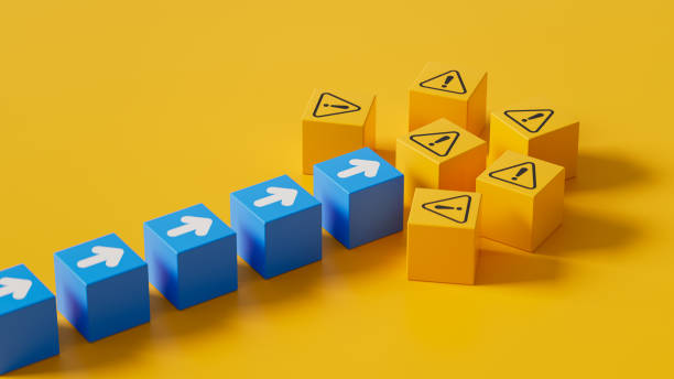 istock Aligned Cubes with Arrows Moving Forward Towards Exclamation Mark: Concept of Attention, Caution, and Alertness - 3D Rendering 2169957914