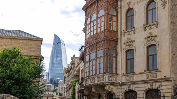 istock Charming Historical Buildings in Baku’s Icherisheher, Azerbaijan, Captivating Architecture in Baku’s Old City, Traditional Balconies and Facades in Icherisheher, Flame Towers, Historic Streets of Icherisheher 2169962374