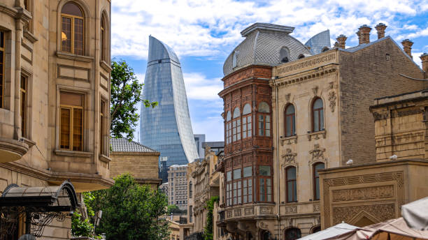 istock Charming Historical Buildings in Baku’s Icherisheher, Azerbaijan, Captivating Architecture in Baku’s Old City, Traditional Balconies and Facades in Icherisheher, Flame Towers, Historic Streets of Icherisheher 2169962376
