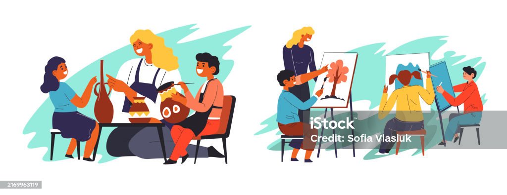 Activity In Class Vector Creative Group Art Class Vector Stock Illustration - Download Image Now ...