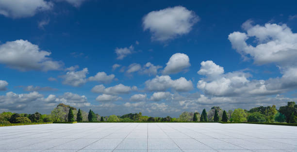 Empty square with gray tiles floor for product display with green trees and blue sky in background