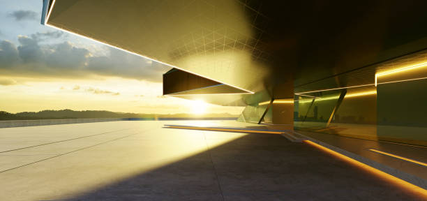 istock 3d rendering of a modern building exterior with empty concrete floor at sunset 2169966057