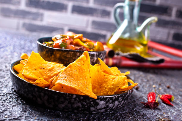 Nachos with guacamole and vegetables. Original Mexican recipe.