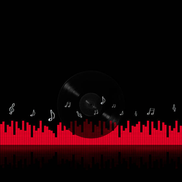 istock Blank LP vinyl record with red sound wave graphic equalizer bars and flying musical notes 2169976229