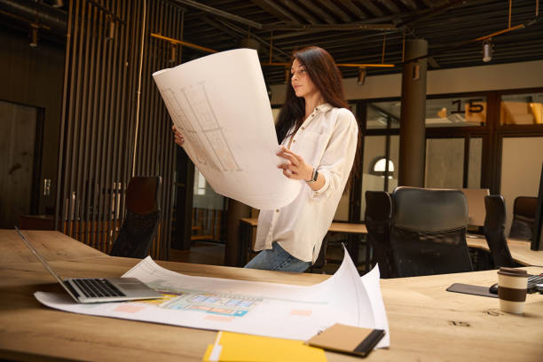 istock Young lady is working with drawings in a conference room 2169976588