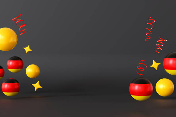 Creative display featuring spheres and elements in the colors of German flag - black, red, and yellow, floating on a dark background, perfect for thematic presentations. Empty space for product. 3D.