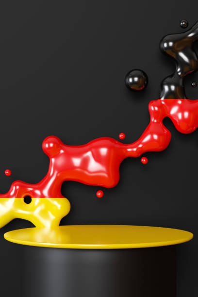 Dynamic display featuring a black podium with flowing liquid layers in the German flag colors: black, red, and yellow, ideal for product showcases or thematic designs. Stage mockup. 3D render