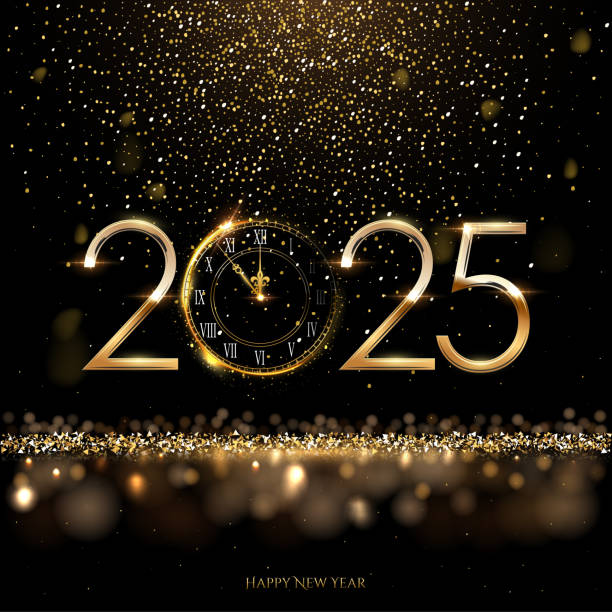 2025 happy new year clock countdown background. gold glitter shining in light with sparkles abstract celebration. greeting festive card vector illustration. square holiday poster or wallpaper design - tahun baru ilustrasi stok