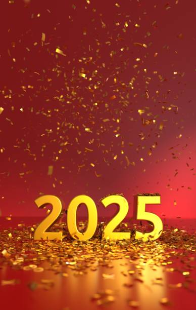 2025 text with confetti - depth of field effect - happy new year card