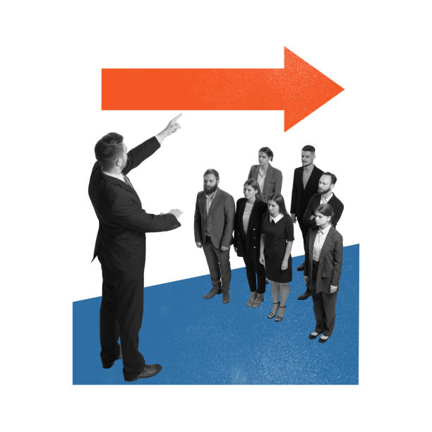 istock Poster. Contemporary art collage. Leader points forward while group listens, symbolizing direction and leadership guidance in achieving goals 2169981604