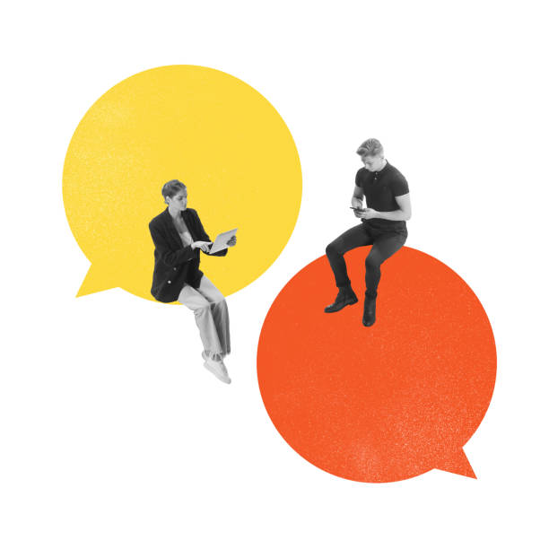 istock Poster. Contemporary art collage. Two people sit on large speech bubbles, symbolizing importance of clear and effective communication in leadership. 2169981606