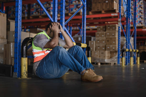 istock Tiredness from hard work concept. Warehouse worker laying on the floor in warehouse after tiring work. 2169982176