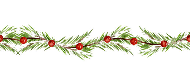 Seamless Christmas garland pine tree twig and red holly berry, watercolor border line ribbon design Seamless Christmas garland pine tree twig and red holly berry, watercolor border line ribbon design. Vector illustration pine garland stock illustrations