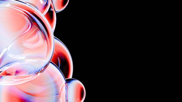 istock Glass spherical oil-like liquid bubbles reflecting lighting in blue and red tones. 3D background for website or presentation. 2169987697