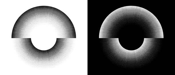 illustrations, cliparts, dessins animés et icônes de demi-cercles en demi-teintes comme icône ou arrière-plan. vecteur abstrait avec des points comme logo ou concept de soleil. forme noire sur fond blanc et même forme blanche sur le côté noir. - demi cercle