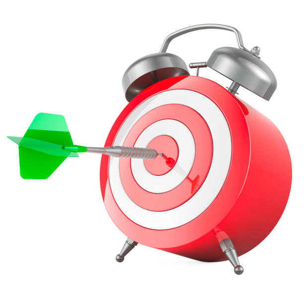 Alarm clock with target and darts arrow in bullseye, 3D rendering isolated on white background