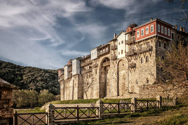 Dionysiou Monastery is an Eastern Orthodox monastery at the monastic state of Mount Athos in Greece in southwest part of Athos peninsula. The monastery ranks fifth in the hierarchy of the Athonite monasteries. It is one of the twenty self-governing monasteries in Athos, and it was dedicated to John the Baptist.