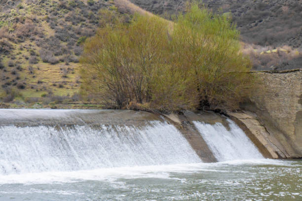 An artificial waterfall cascades down a dam. The water flows rapidly. Mountains and flowering bushes are in the background.