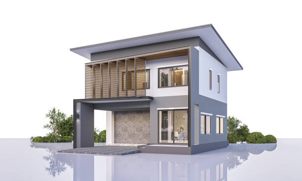 istock Architecture 3d rendering illustration of modern minimal house on white background 2169995823