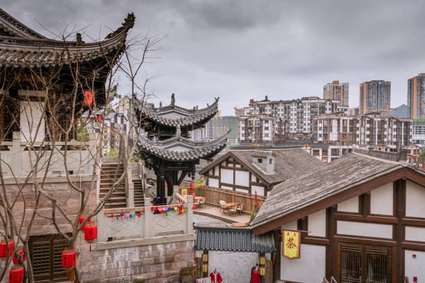 CHONGQING, CHINA - JANUARY 17, 2021: Ciqikou Ancient Town, China. View on the residential buildings from the hill
