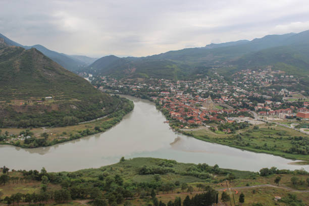 View From Jvari Monastery. The River Mtkvari Meets the River Aragvi from Khazbegi, background