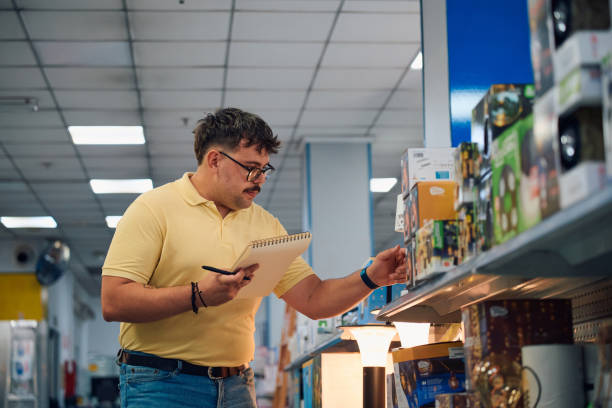 istock Employee reviewing merchandise on a retail shelf during the afternoon at a store, taking notes for inventory management tasks 2170001965