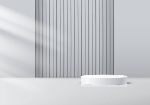 istock 3D product Minimal display stand, white circle on gray background. Abstract geometric shapes in a simple design. Fashion stage mockup scene. Studio product display stand. Product advertising stand 2170002366