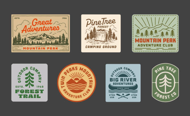 Modern Retro Camping Adventure Badges Modern retro camping adventure badges. Landscape labels with forests and mountains. Outdoor activity badges. lake stock illustrations