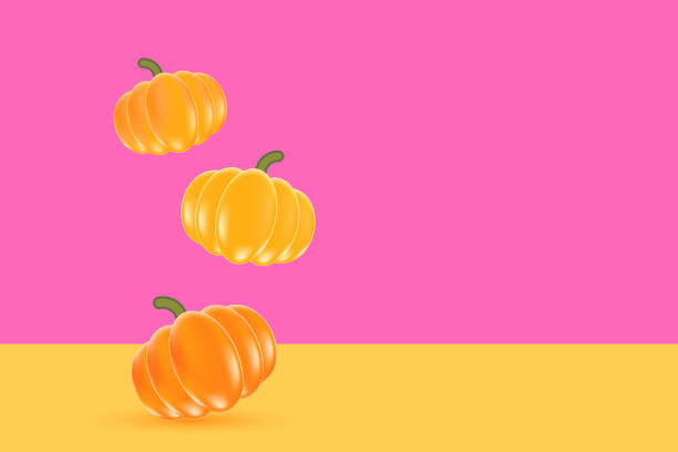 istock Cute 3D floating pumpkins, background with copy space. Aesthetic glowing pumpkin decoration for fall sale or promotion banner. 2170008069