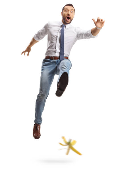 A person is on the verge of slipping on a banana peel, illustrating a humorous mishap