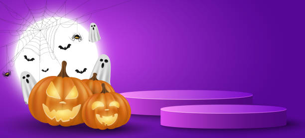 istock Halloween podium to display your product. Cartoon pumpkin with evil smile and flying ghosts against the backdrop of a glowing full moon. Holiday 3d scene. Vector. 2170020227