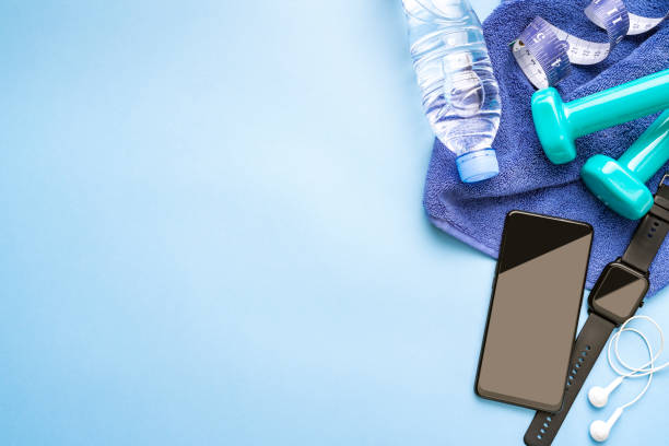 istock Exercising and fitness concept on blue background. Copy space 2170022164