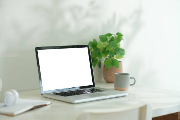 istock Comfortable home office. Laptop computer, stationery and potted plant on white table. 2170033124
