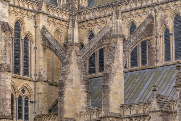 Salisbury, United Kingdom, 25th August 2024:- A view of Flying buttress on Salisbury Cathedral, possessing the tallest church spire in the UK at 404 feet.
