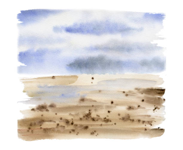 istock Scenery landscape, cloudy blue sky, green meadow field moorland pasture prairie grass land. Watercolor hand drawn illustration for tourism, resort ads, hiking camping sites vacation, nature maps. 2170033626