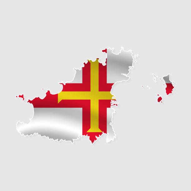 istock Map of Guernsey with National Flag on Fabric Surface on White Background 2170034970