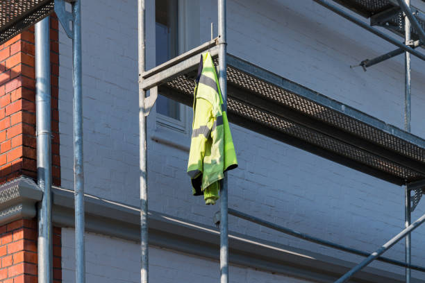 Blue scaffolding at building under construction