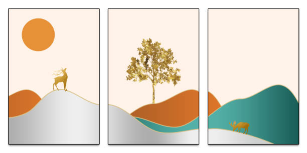 istock canvas wall art flat boho frame decor poster wallpaper landscape. colorful mountains, golden trees and light dark background 2170054790