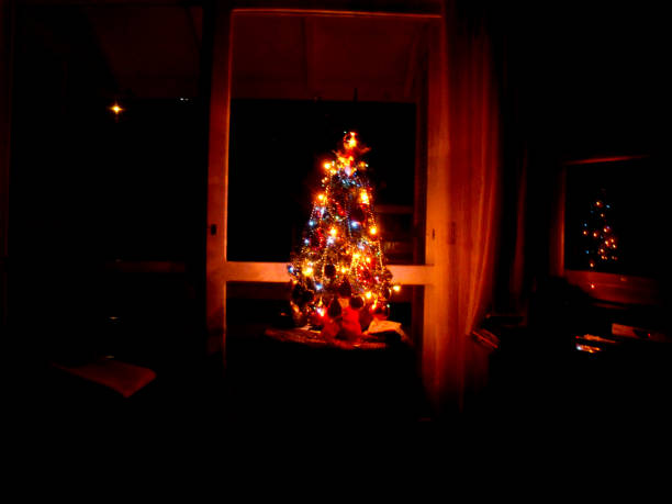 istock Christmas tree in a dark room 2170060623